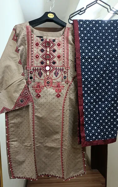 Pakistani Original Rangoon Stitched Cotton 3 Pcs _ Beige 
